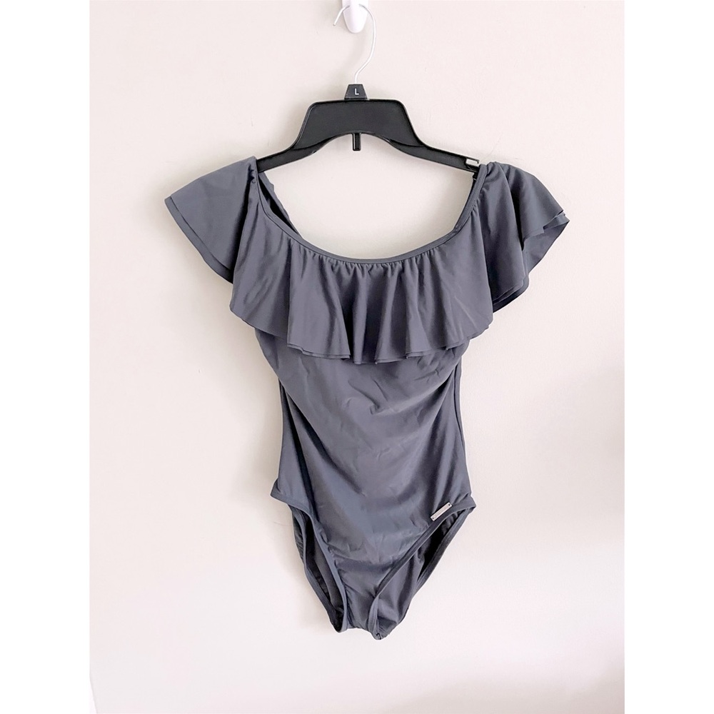 Michael Kors gray ruffle one piece swimsuit 4